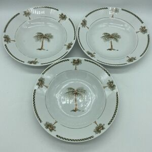 Gibson Everyday Palm Bay Green Trellis Trees Yellow Bands 8" Soup Bowls Set of 3